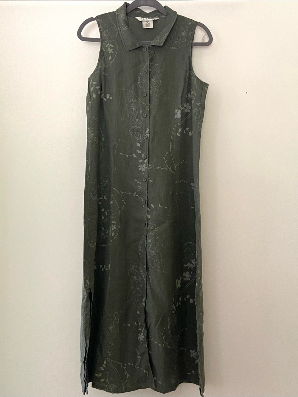John Paul Richard Linen Maxi Dress Size MP Green Prairie Boho Rustic Cottagecore